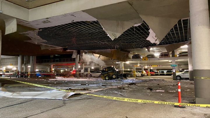Damage is seen at the West Edmonton Mall parkade on Dec. 21, 2022.