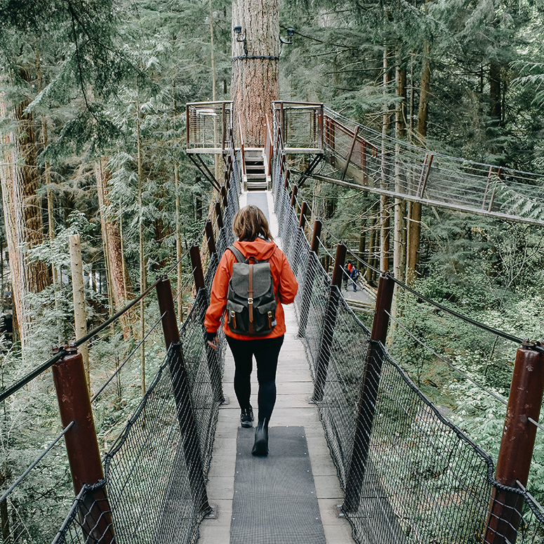 A person wearing an orange jacket walks alone along a bridge in the forest