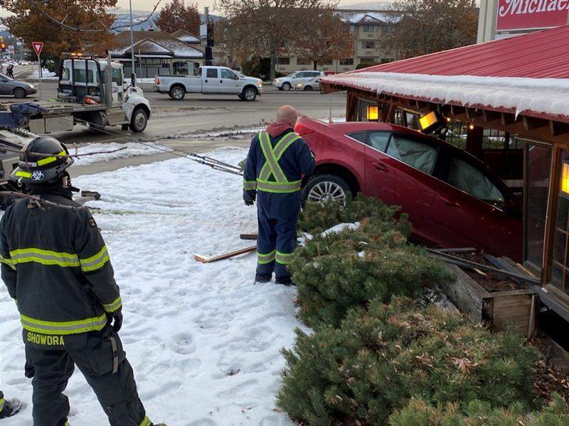 A car crashed through a Kelowna restaurant Thursday. 