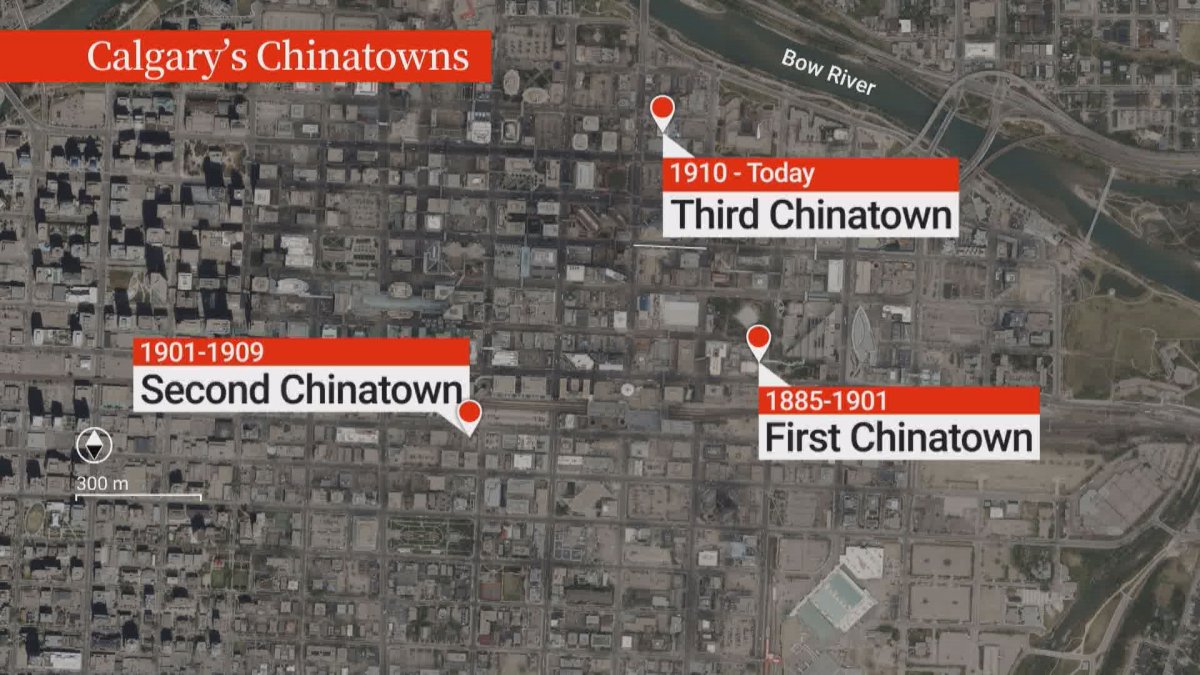 A map showing the current and previous locations of Chinatown in Calgary