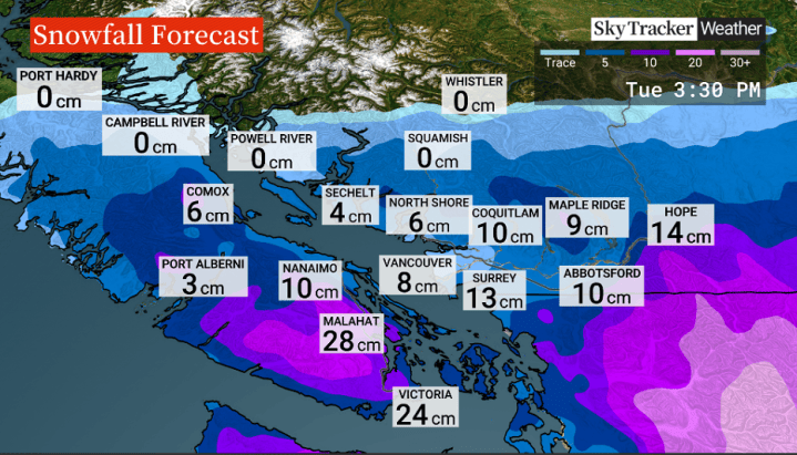 Snowfall warning issued for B.C. South Coast as temperatures remain ...