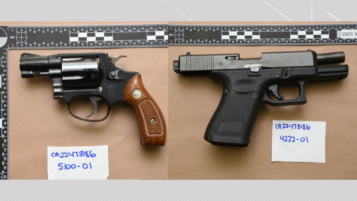 A pair of handguns Calgary police seized following an arrest on Nov. 17, 2022.