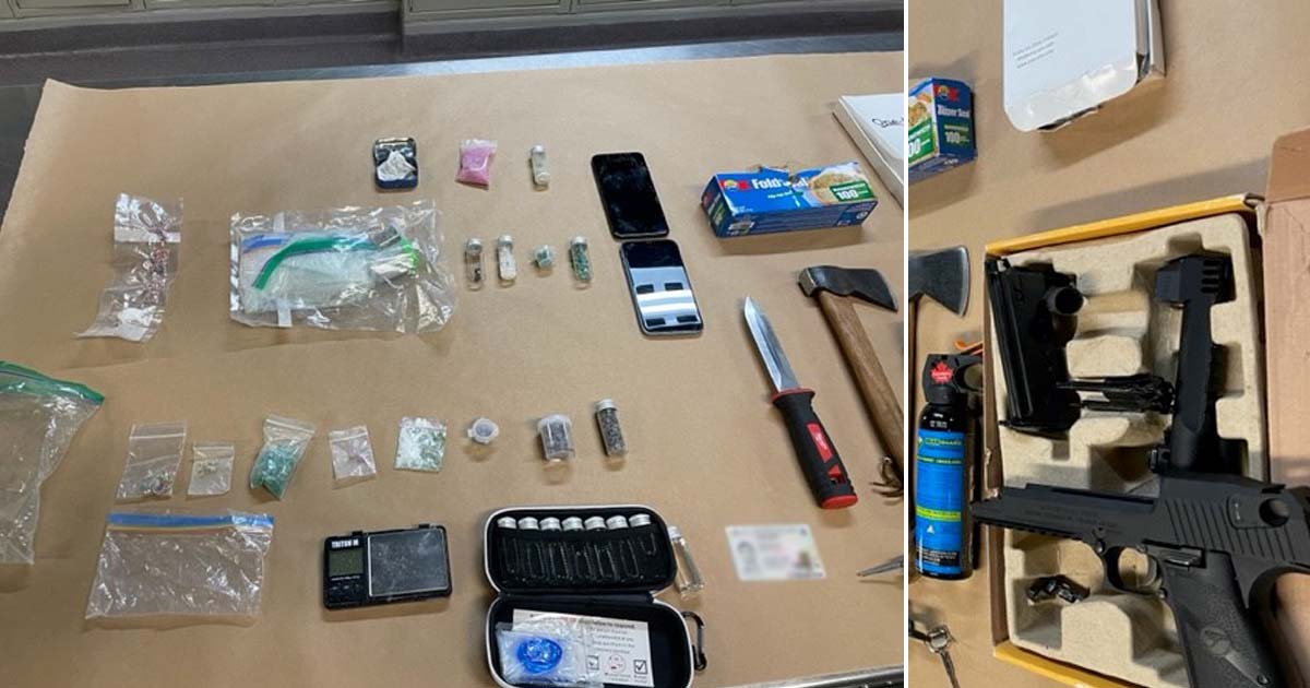 Kelowna Mounties seized these drugs and weapons from two men on Harvey Avenue. 