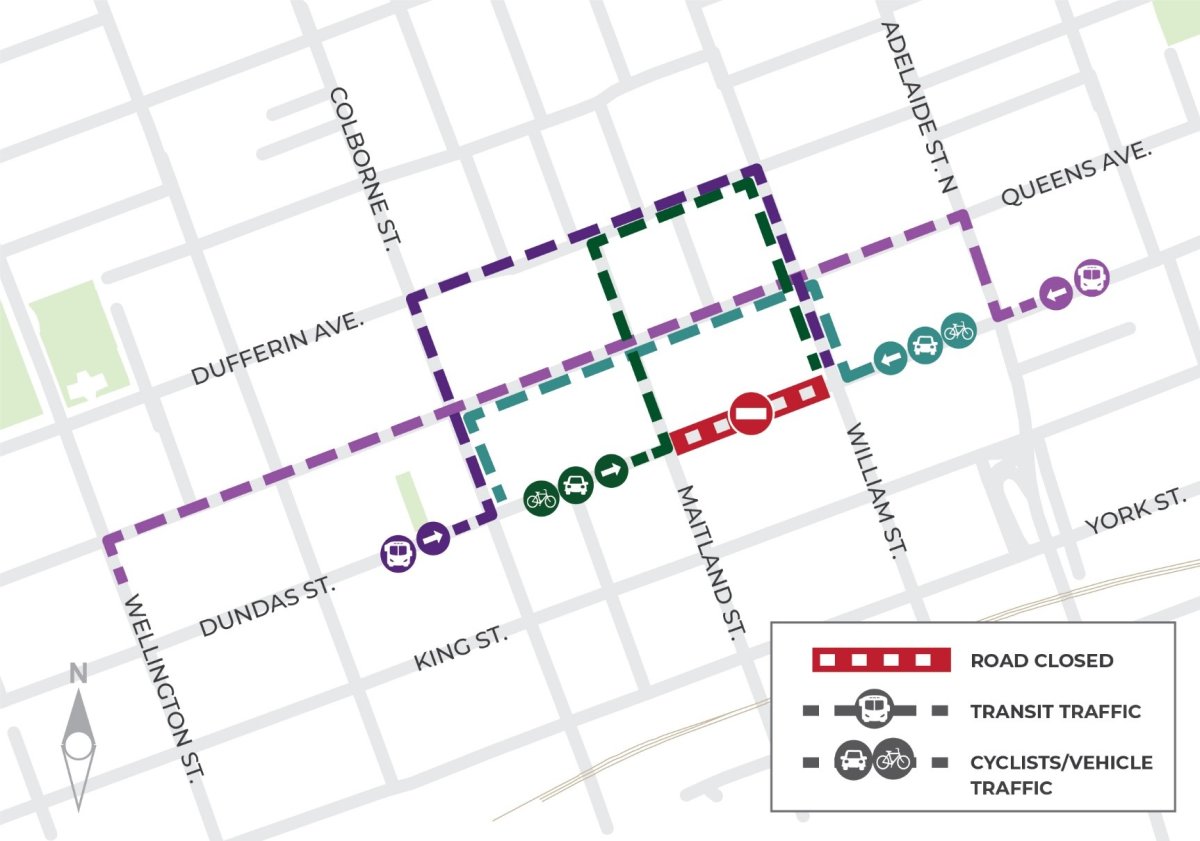 Dundas Street will be closed between Maitland and William streets between Dec. 5 and 16
