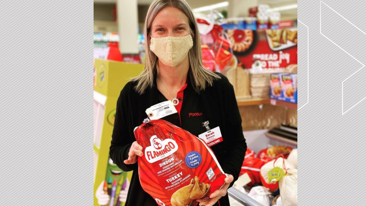 Sarah Bletsoe with Foodland in Lakefield, Ont., promotes the Dec. 14 turkey distribution for those in need.