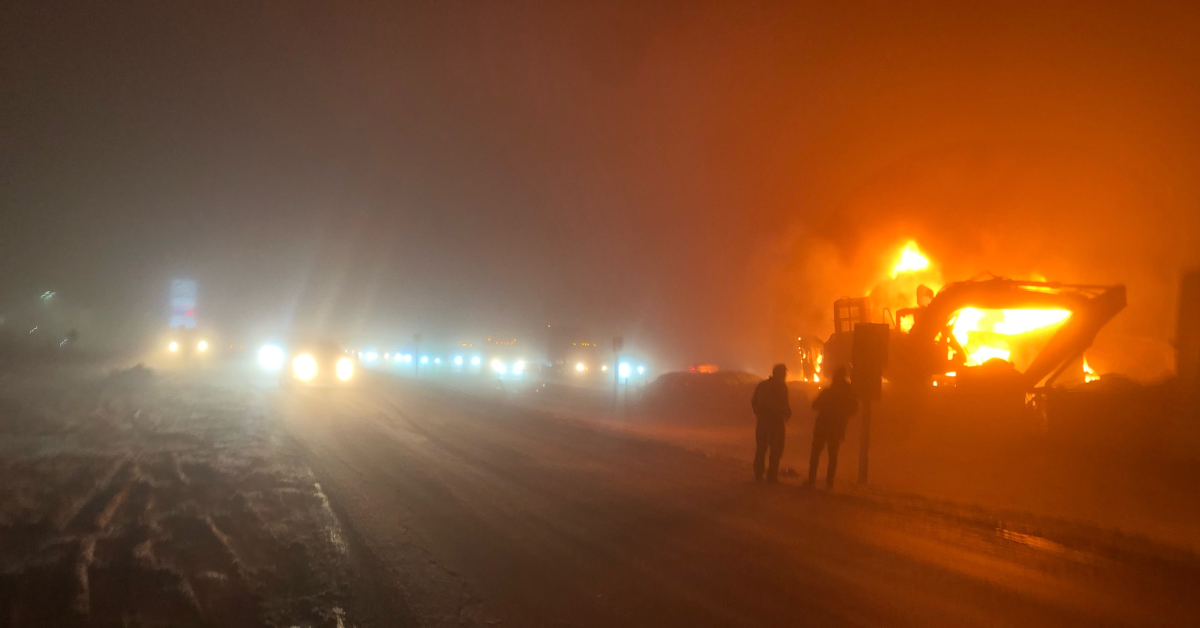 A fire erupted among vehicles after a multi-vehicle crash on Highway 2, north of Airdrie on Dec. 27, 2022.