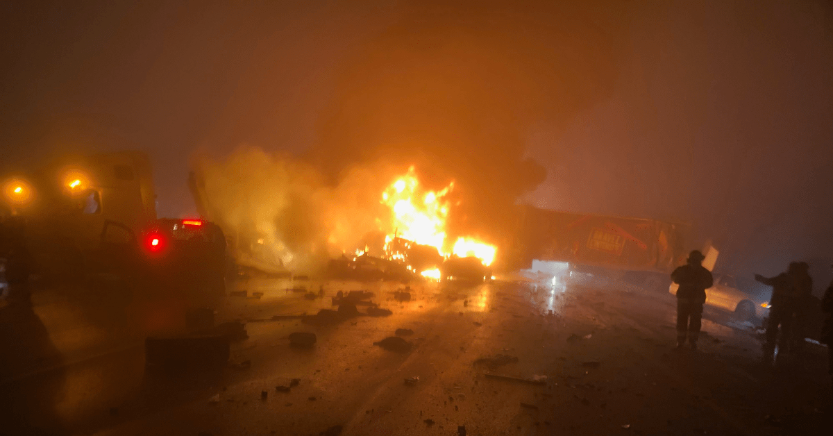 A fire erupted among vehicles after a multi-vehicle crash on Highway 2, north of Airdrie on Dec. 27, 2022.