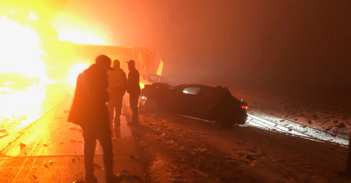 A fire erupted among vehicles after a multi-vehicle crash on Highway 2, north of Airdrie on Dec. 27, 2022.