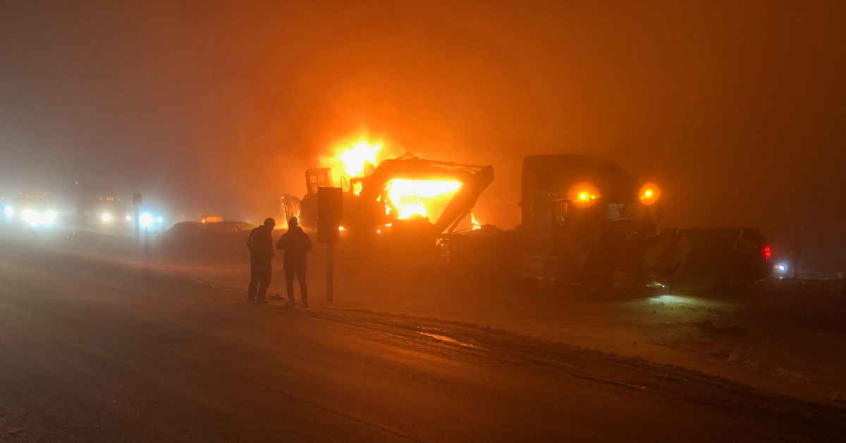 A fire erupted among vehicles after a multi-vehicle crash on Highway 2, north of Airdrie on Dec. 27, 2022.