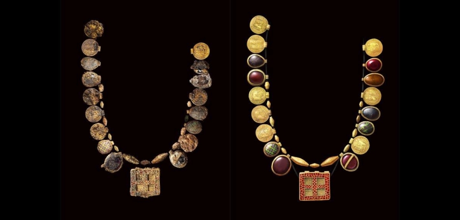 An opulent necklace found in Harpole, Northamptonshire alongside an illustration of what it may have looked like 1,300 years ago.