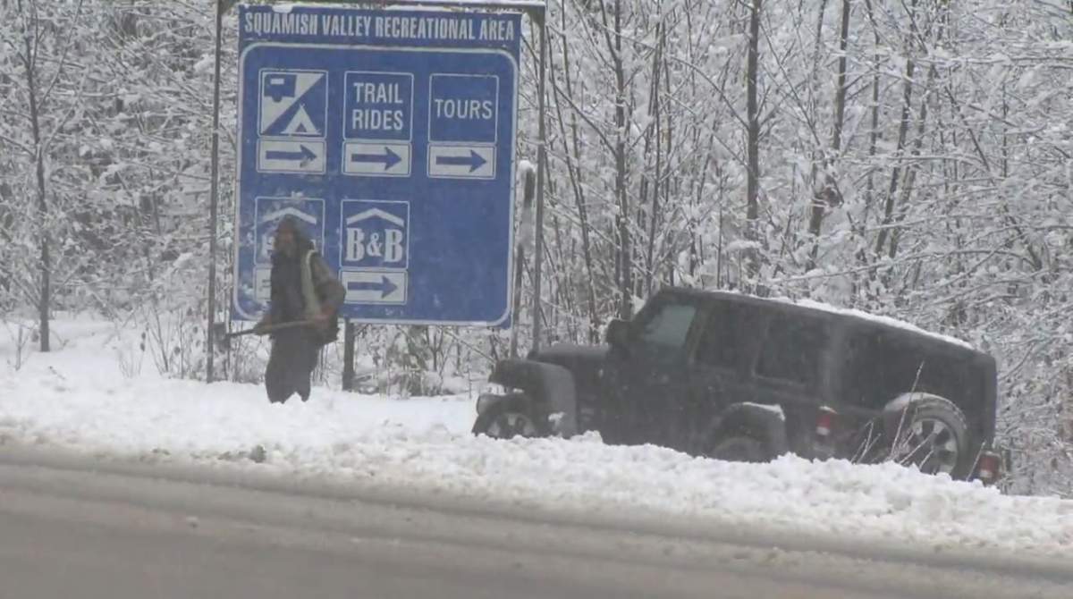 A jeep was seen in a ditch near Squamish Saturday morning.