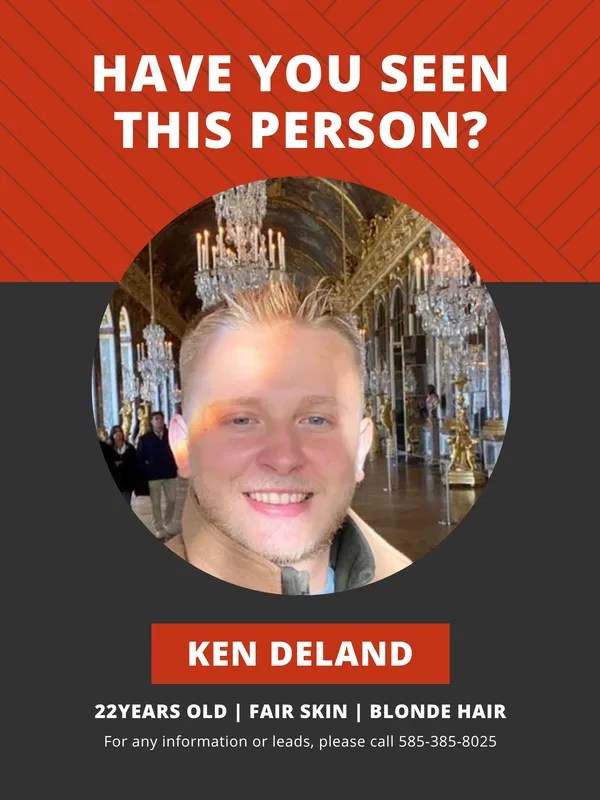 Missing poster made by the family of Ken DeLand, 22, an American student who went missing while studying abroad in France.