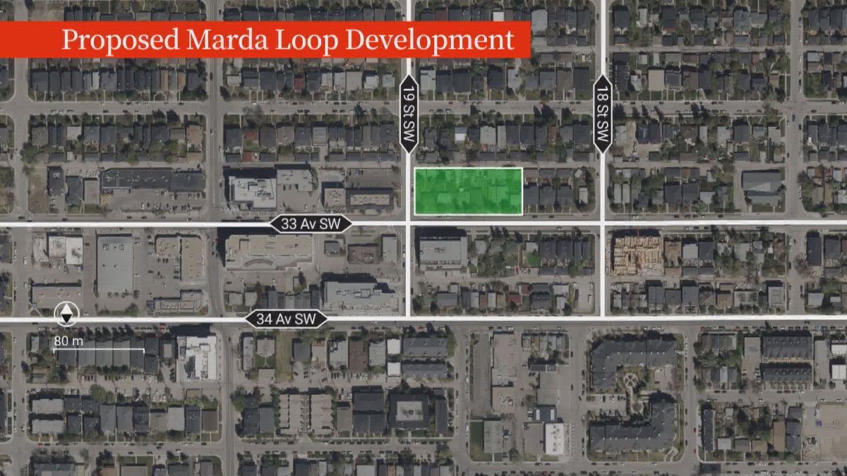 The properties included in the rezoning application for the proposed Marda Loop development.