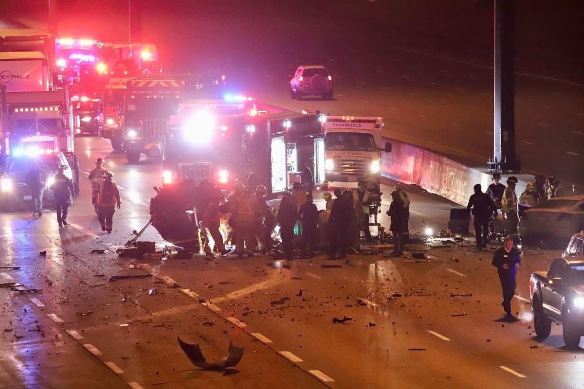 The crash scene on Highway 401 near Brock Road in Pickering on Dec. 30, 2022.