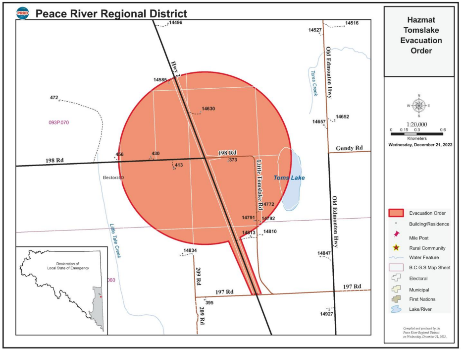 An evacuation order was issued by the Peace River Regional District for part of f Tomslake, B.C. on Wed. Dec. 21, 2022, due to a vehicle accident. It was rescinded later that day.