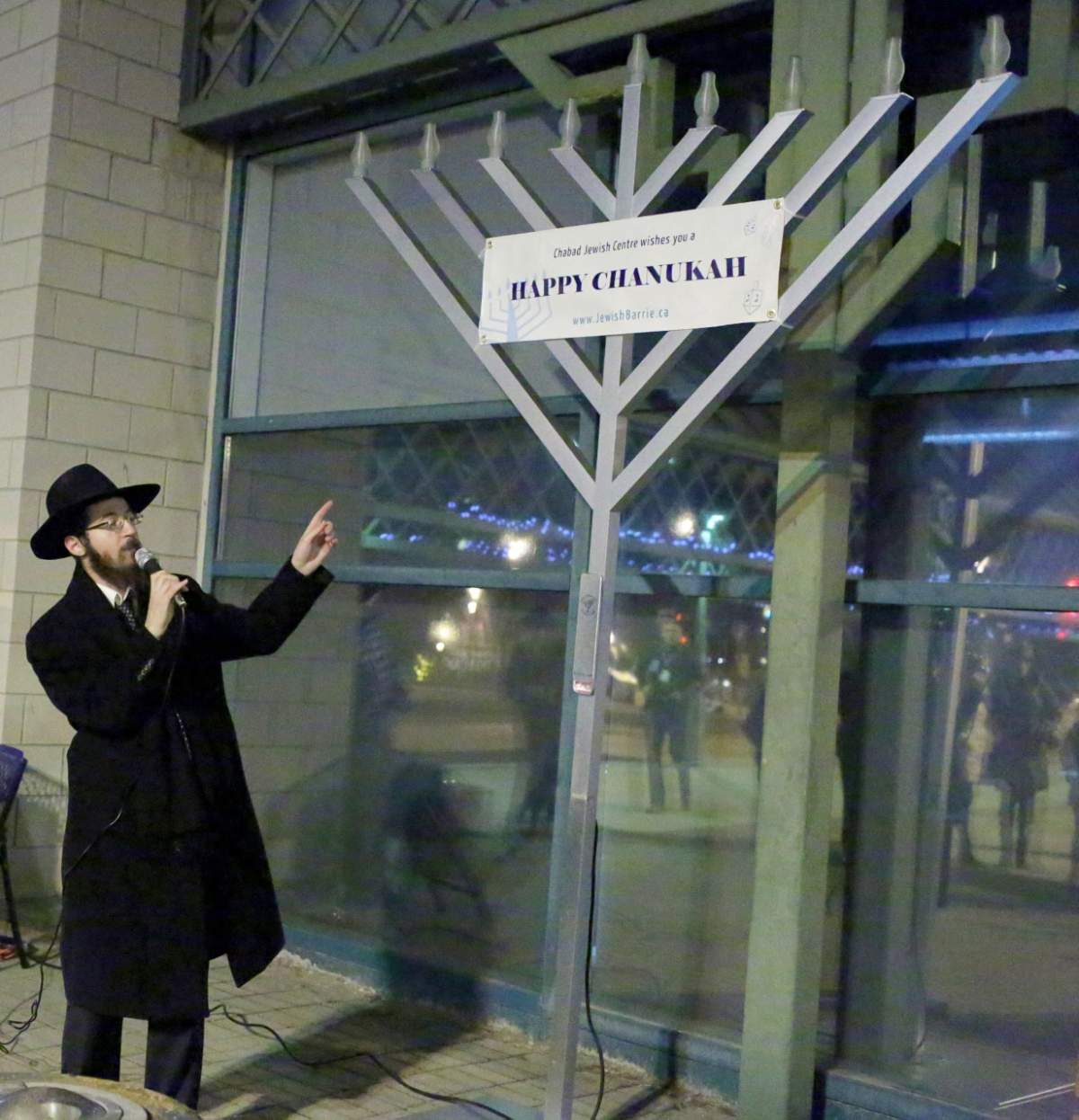  9-foot public Hanukkah menorah at Barrie City Hall.