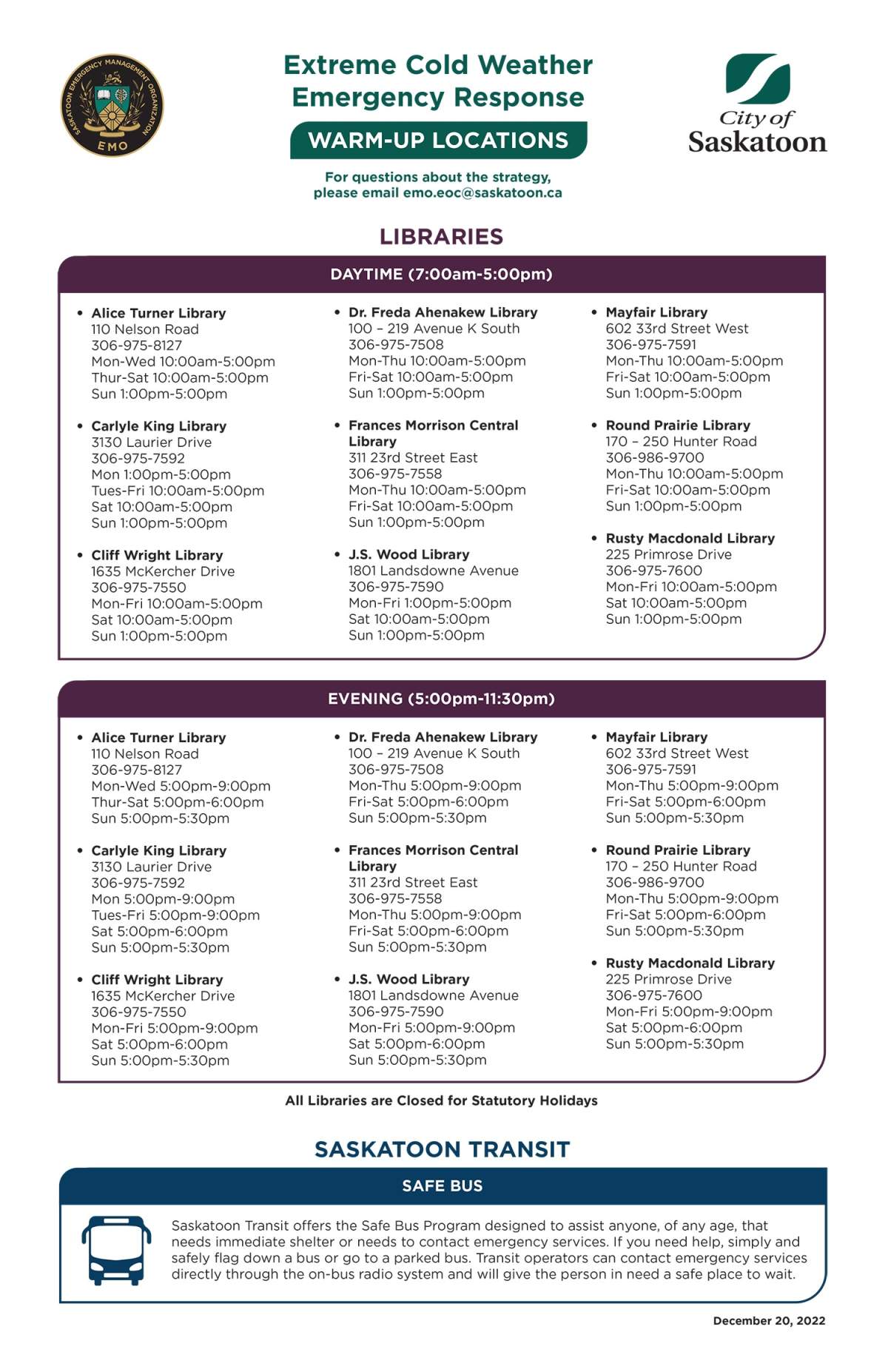 An updated poster of the warm-up stations in Saskatoon.