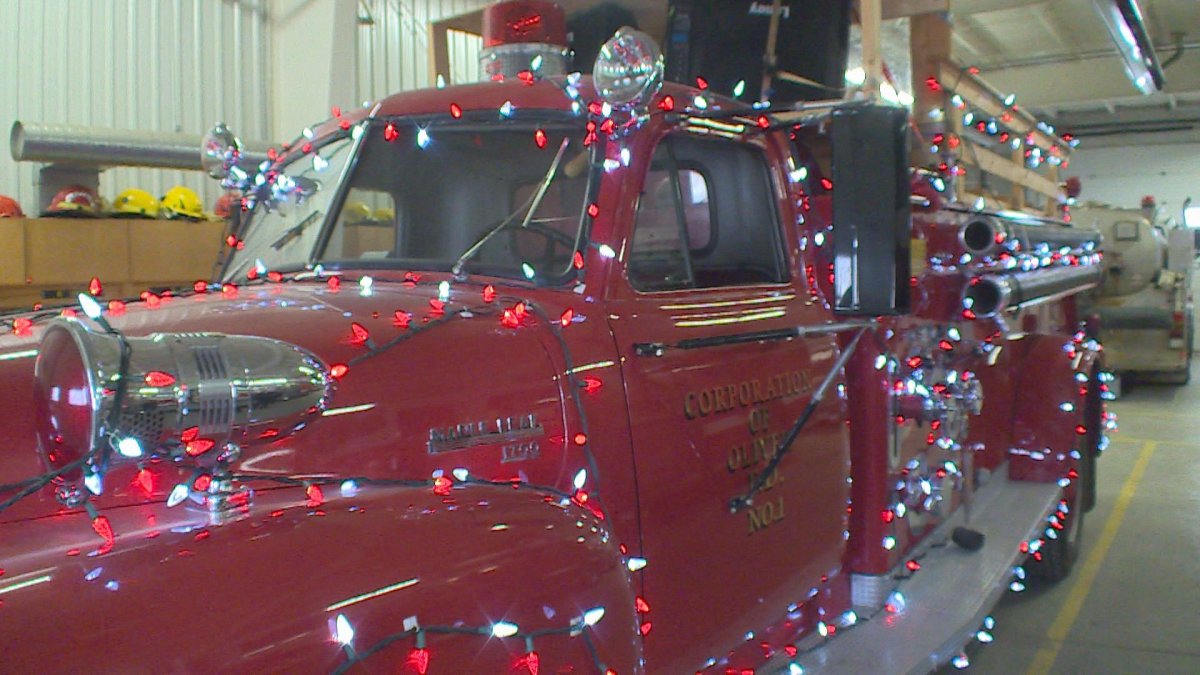 Oliver Fire Department decorated 1953 fire truck for Christmas.