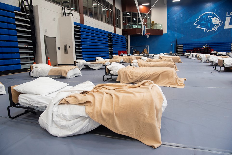 Temporary housing shelter set up at Lambton College in Sarnia, Ont., after 120 residents of Fairwinds Lodge retirement residence were forced to evacuate due to a structure fire on Sunday, Jan. 15.