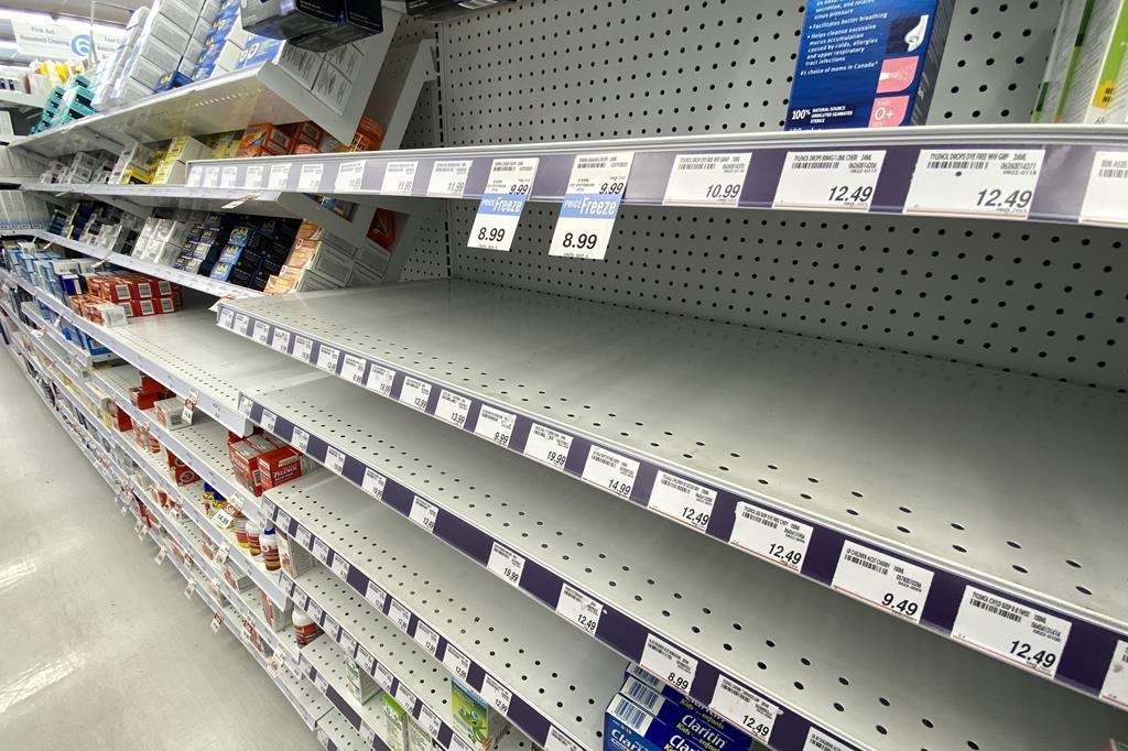 Empty shelves of children's pain relief medicine are seen at a Toronto pharmacy on Aug. 17, 2022. Five months later, people across the country are struggling to find adult cold, cough and flu medications, right on the heels of a children's fever and pain medication shortage that still hasn't been fully resolved.