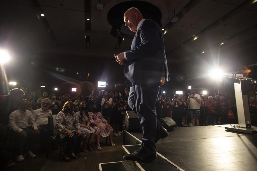 Ontario Liberal Leader Steven Del Duca steps off the stage after stepping down as party leader on election night in Vaughan, Ont., Thursday, June 2, 2022. The Ontario Liberals are in no rush to select a new leader, with the party's executive council set to start consultations on changing the leadership process itself, as recommended in a report on the "devastating" 2022 election loss.