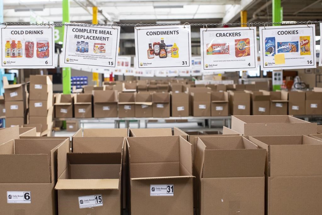 Boxes wait to be filled with provisions at The Daily Bread Food Bank warehouse in Toronto on Wednesday, March 18, 2020.