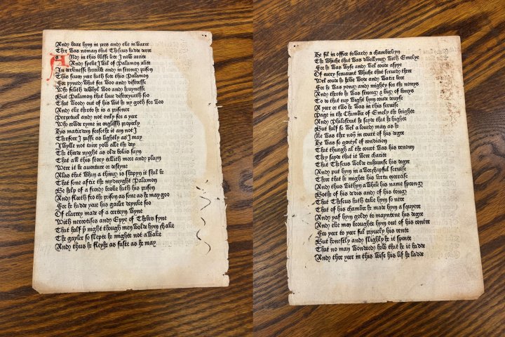 Rare page from copy of first book printed in England acquired by Western University