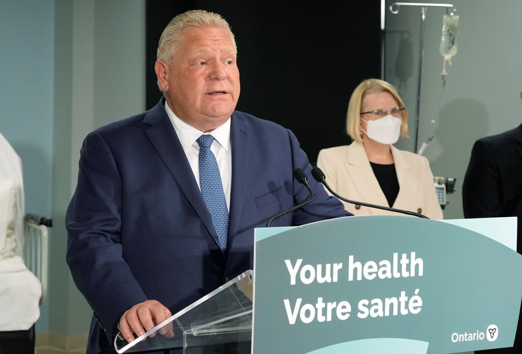 Ontario Premier Doug Ford makes an announcement on health care in the province with Health Minister Sylvia Jones in Toronto, Monday, Jan. 16, 2023. Health-care workers from across Canada could soon start practising in Ontario more quickly under legislation the government plans to introduce next month. THE CANADIAN PRESS/Frank Gunn.
