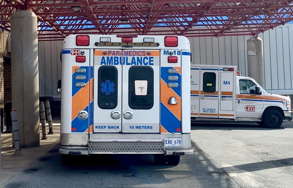 An ambulance is seen waiting outside the Health Sciences Centre in St. John's, N.L., on October 15, 2022. THE CANADIAN PRESS/Sarah Smellie.