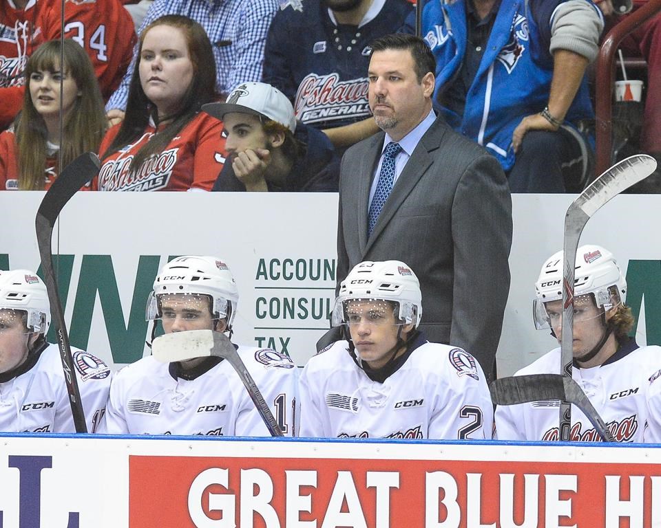 Bob Jones seen behind the bench at the Oshawa Generals' season home opener on September 27, 2015. Jones, now an Ottawa Senators assistant coach, has been diagnosed with amyotrophic lateral sclerosis. 
