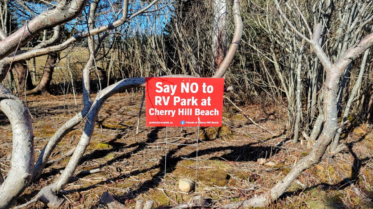 A number of signs protesting the development dot Henry Conrad Road leading to Cherry Hill Beach.