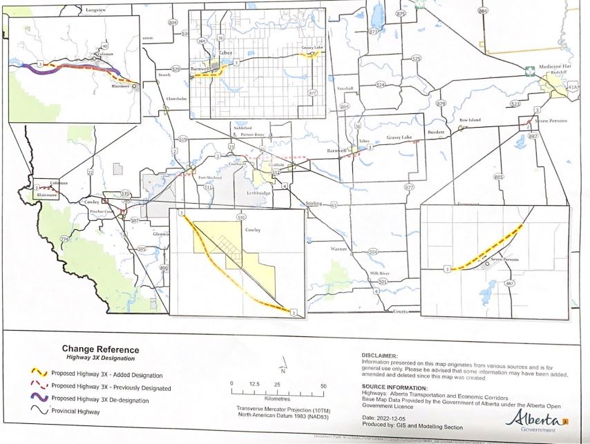 Unofficial map of Highway 3 twinning. These plans have not yet been approved.