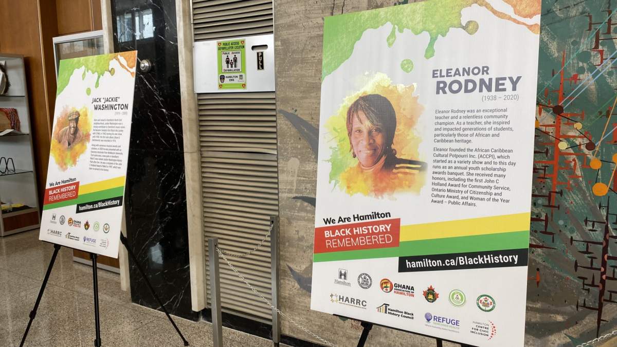 Posters about two of the honourees for Hamilton's "Black History Remembered" initiative.
