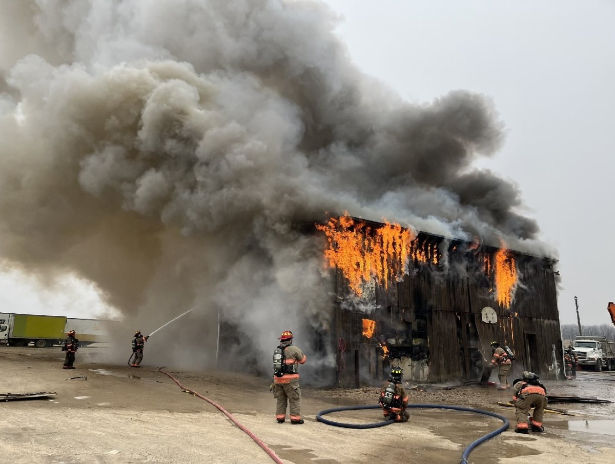 Centre Wellington fire crews battle a barn fire near Elora.