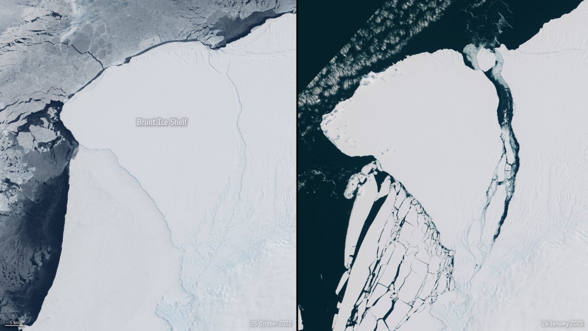Before and after shot of the Brunt Ice Shelf following a mass calving event on Jan. 22, 2023.