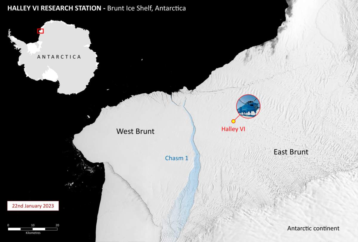 Location of the Halley VI Research Station on the Brunt Ice Shelf.