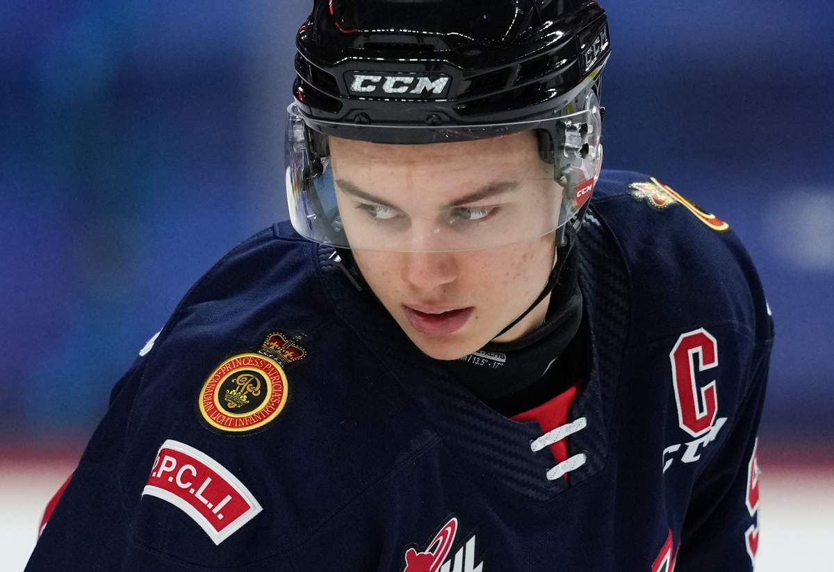 Connor Bedard of the Regina Pats skates during on-ice testing on Tuesday prior to Wednesday’s CHL/NHL Top Prospects game, in Langley, B.C.