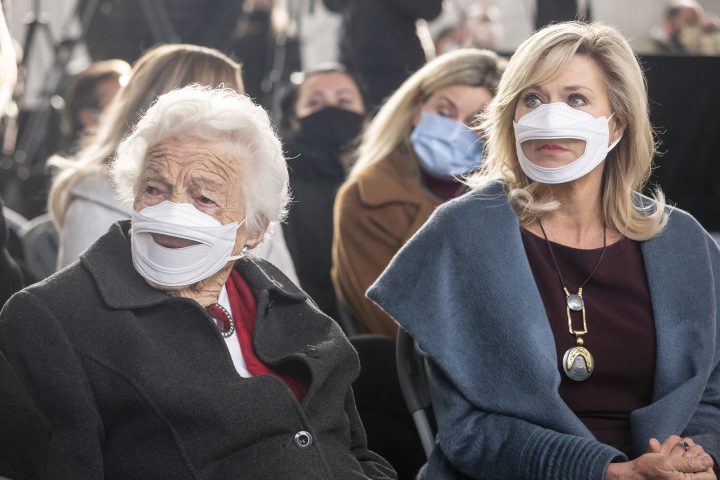 Mississauga Mayor Bonnie Crombie (right) sits alongside former Mayor Hazel McCallion as they attend an announcement attends an announcement at Mississauga Hospital in Mississauga, Ont., on Wednesday, December 1, 2021.
