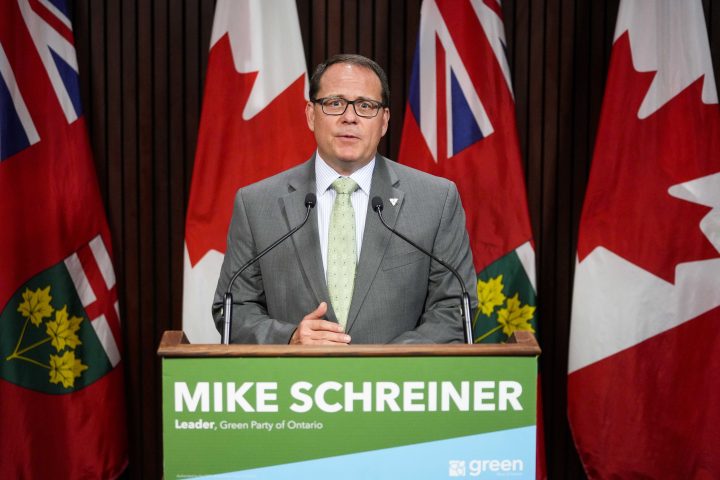 Leader of the Green Party of Ontario Mike Schreiner speaks to the media following the Speech from the Throne at Queen's Park in Toronto., on Tuesday,  August 9, 2022. 