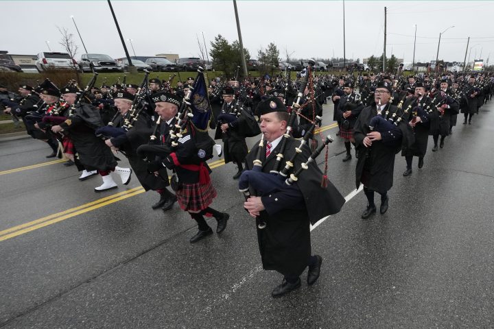 Bagpipers march prior to the funeral for Const. Grzegorz (Greg) Pierzchala in Barrie, ON. Wednesday, Jan. 4, 2023.