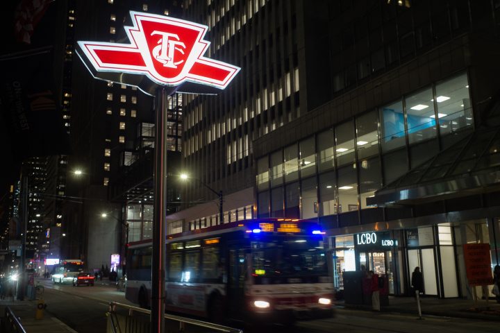 A Toronto Transit Commission sign is shown at a downtown Toronto subway stop Tuesday, Jan. 24, 2023. 