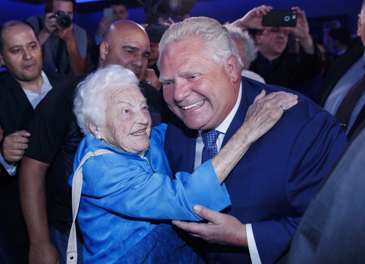 Ontario PC leader Doug Ford is congratulated by former Mississauga mayor Hazel McCallion after winning a majority government in the Ontario Provincial election in Toronto, on Thursday, June 7, 2018.