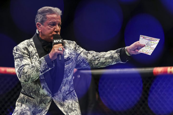 UFC ring announcer Bruce Buffer announces a fight at The O2, London. Picture date: Saturday March 19, 2022.