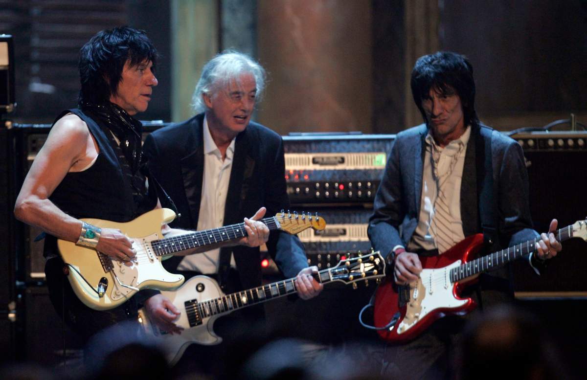Jeff Beck, left, Jimmy Page and Ronnie Wood jam together at the 2009 Rock and Roll Hall of Fame Induction Ceremony Saturday, April 4, 2009 in Cleveland. (AP Photo/Tony Dejak)