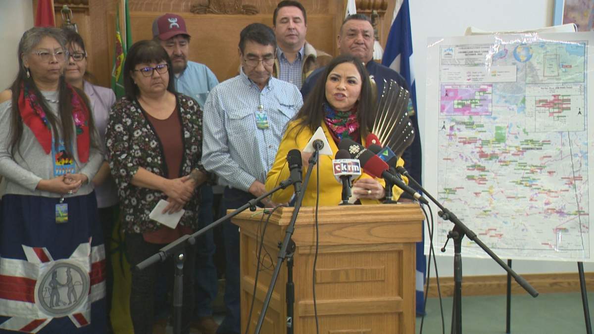 Indigenous leaders gather at the Legislature on Monday morning with calls to the province to stop selling Crown lands as they say it impacts Indigenous rights.