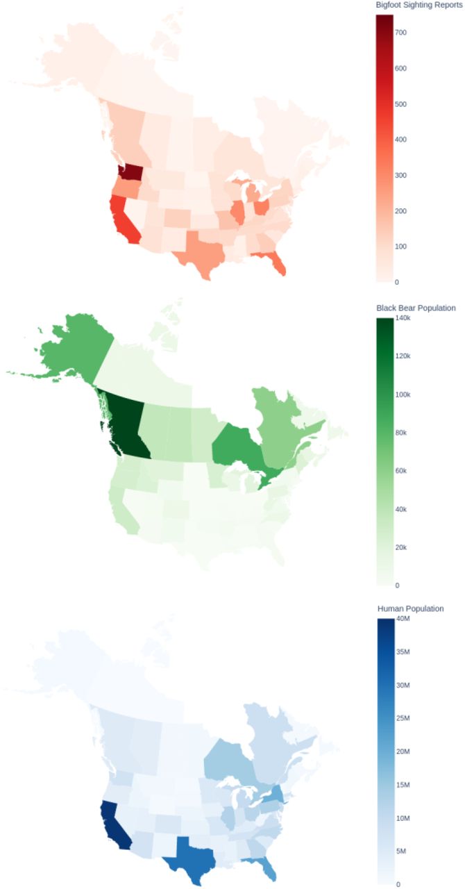 Choropleth maps for sasquatch reports, black bear (Ursus americanus) populations, and human populations in the United States and Canada.