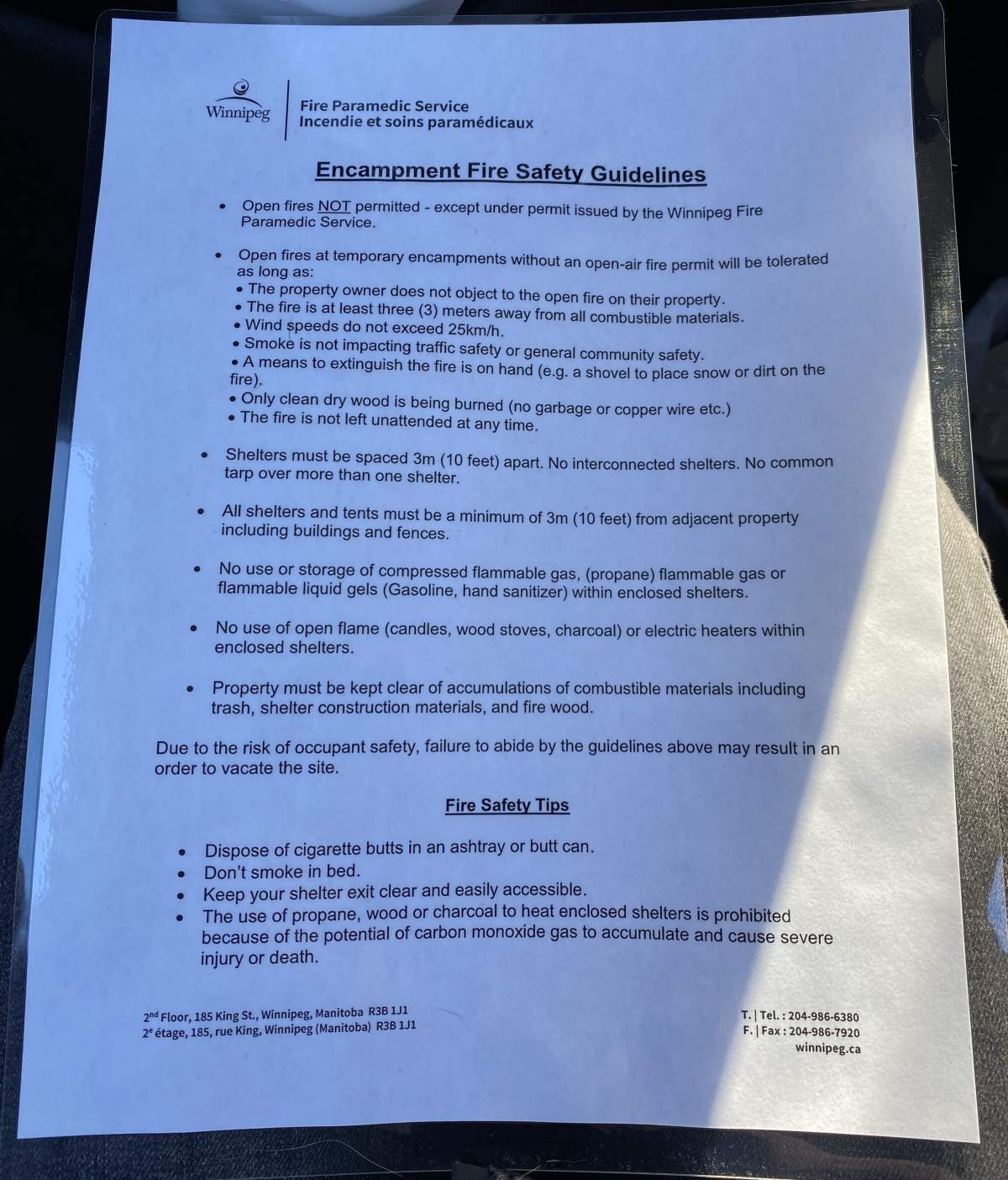 Winnipeg Fire Paramedic Service community liaison Steven Antle goes over the city’s fire safety guidelines when he visits homeless encampments.