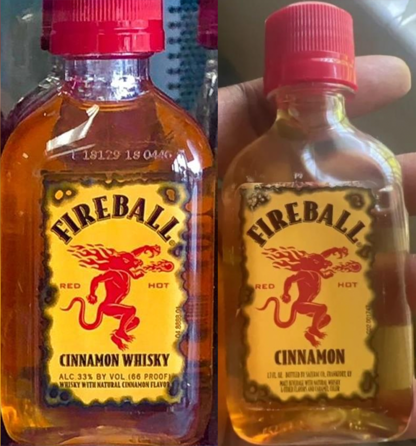 Photos showing a mini bottle of Fireball whisky beside a bottle of Fireball Cinnamon, which contains no whisky.