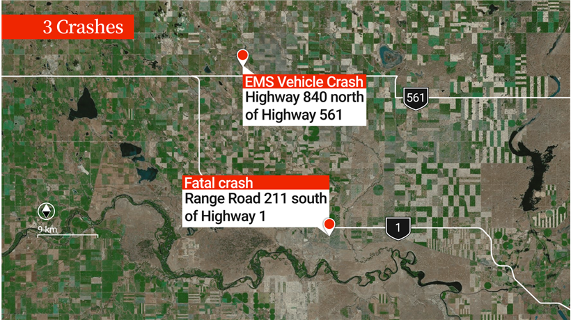 A map showing where the three crashes in southern Alberta took place n the morning of Jan 18, 2023.