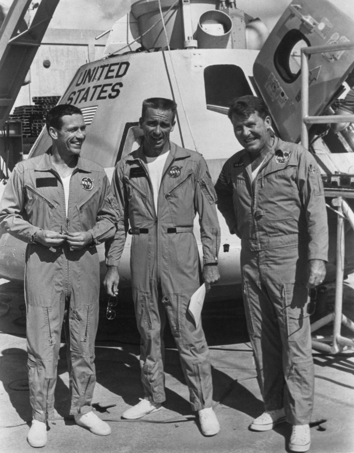 The three American astronauts Donn Eisele, Walter Cunningham and Walter Schirra photographed photographed in front of the 'Apollo 7' in the United States, on October 11, 1968.